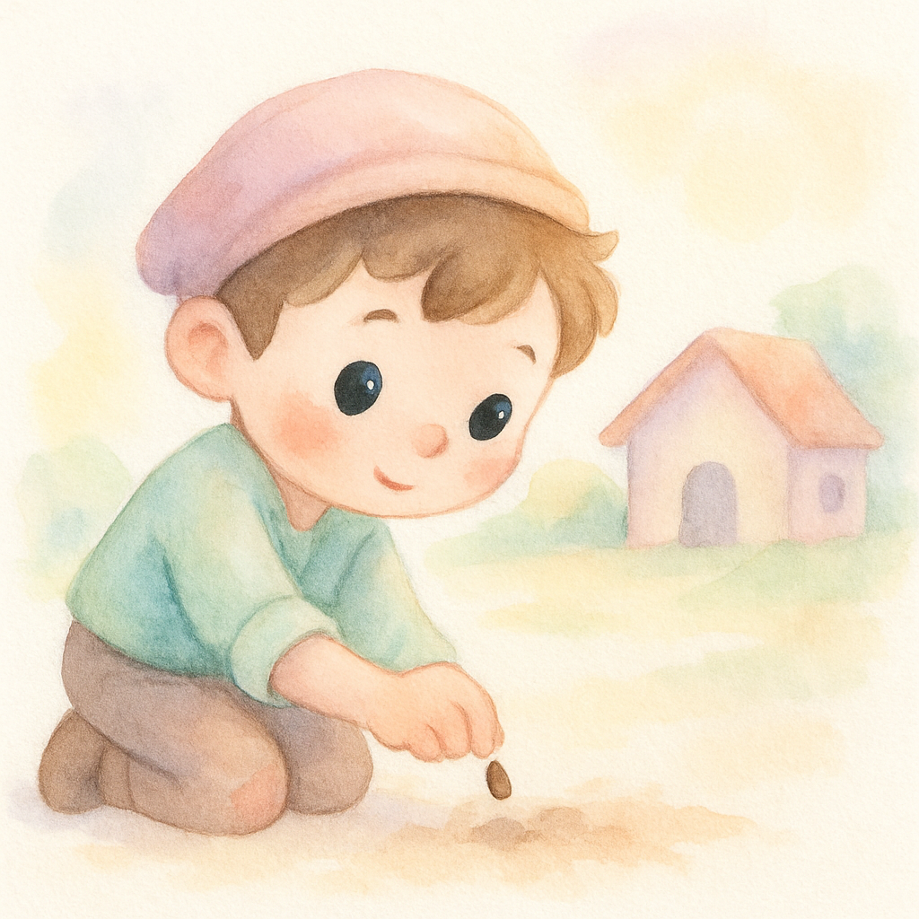 가난한 소년이 콩 한 알을 땅에 심는 장면